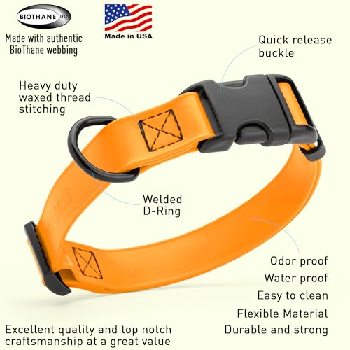 Image of Dogline Biothane Waterproof Dog Collar with Quick Release Buckle Strong Coated Nylon Webbing with Odor- Proof for Easy Care Easy to Clean Fits Small Medium Large Dogs, Tangerine Orange 3 /4 inch W 12-19 inch L