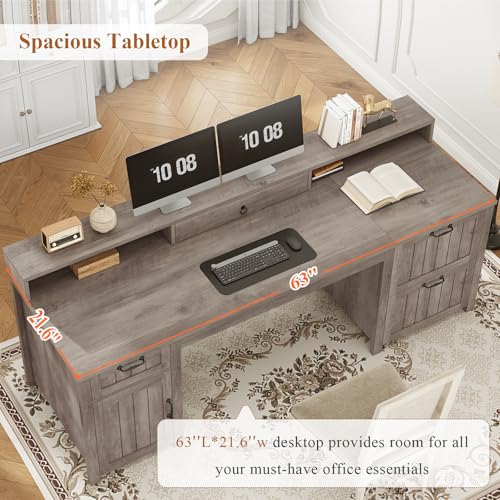 SEDETA Farmhouse 63" Executive Desk, Wood Computer Desk with Drawers and Storage Cabinet, Home Office Desk with File Drawer and Monitor Stand, Wood Desk for Work Study Writing, Grey - Image 5