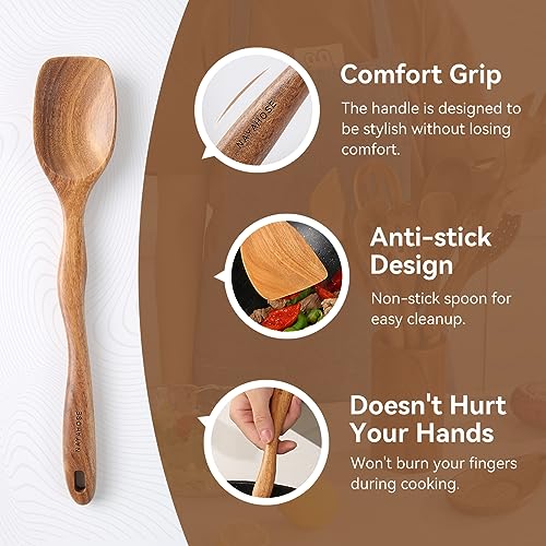 NAYAHOSE Teak Wooden Cooking Spoons, 10 Piece Utensil Set with Spoon Rest & Holder, Non-Stick, Scratch-Free, Easy to Clean Kitchen Gifts for Moms and Wives - Image 6