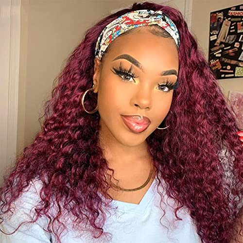 Image of XSY 99J Burgundy Headband Wig Deep Wave Human Hair Wigs 150% Density Red hair Half Wigs For Black Women Glueless None Lace Front Wigs With Headband Attached (10 Inch)
