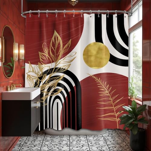QGHOT Black and Red Shower Curtain Boho Mid Century Burgundy Dark Red and Gold and White Shower Curtains for Bathroom Decor Waterproof Cloth Fabric with Hooks 70 W x 72 L
