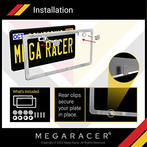 Mega Racer Crystal Diamond License Plate Frame - Premium 650 Pieces White Rhinestones Three Row, 2 Holes Stainless Steel Weatherproof, 2 Pack #TOP5