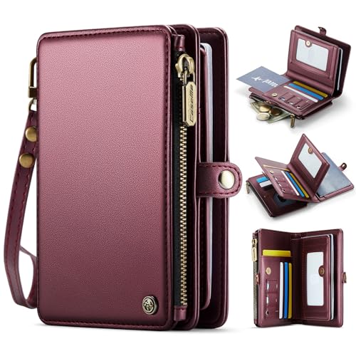 XIMAND Passport Holder Wallet Bag with 11 Card Slots and Passport Solt Cash Solt Photo Solt Zipper Pocket, RFID Blocking Wristlet Strap For Travel.Wine