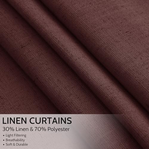 Image of Nanspring Reddish Brown Linen Blend Light Filtering Back Tab Curtains 108 Inches Long, Semi Sheer Privacy Drapes for Living Room & Bedroom, 52x108 inch, 2 Panels