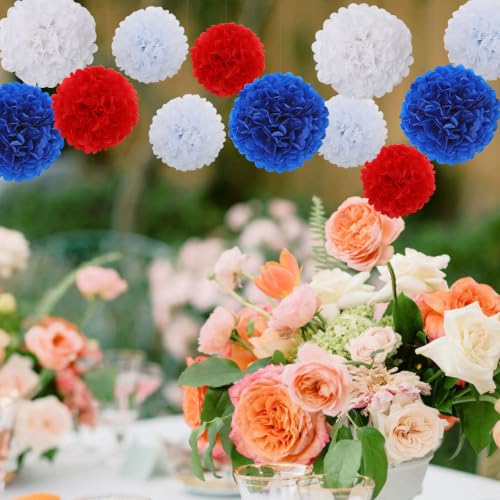 Image of BestoFun 16 PCS Red White and Blue Pom poms Fourth of July Decorations Patriotic Tissue Paper 4th of July Party Decorations Independence Day Memorial Day Patriotic Decorations