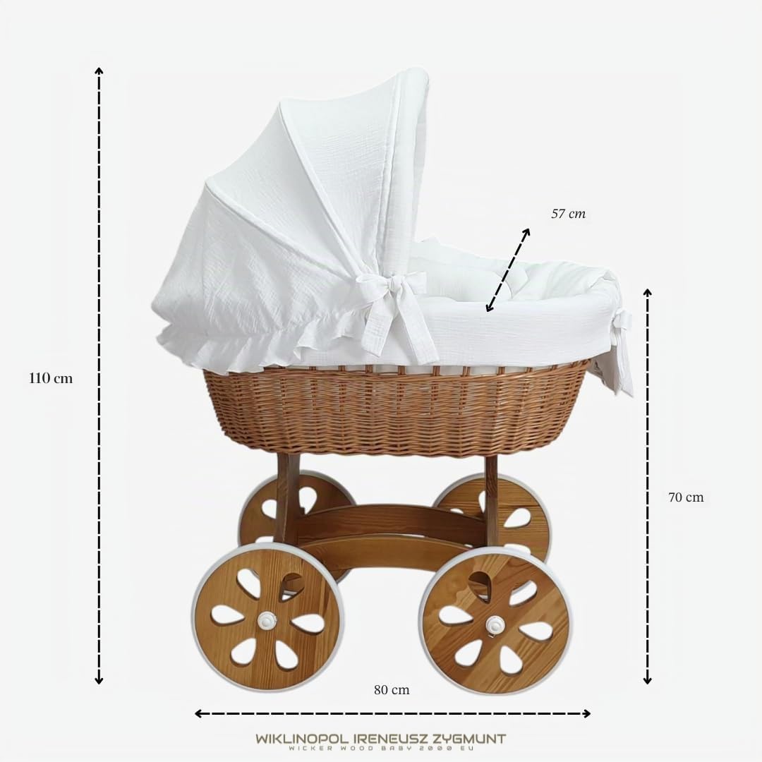 Wiklinopol Stubenwagen, Moseskorb Baby mit Gestell Annabell – Bollerwagen mit Rollen aus Naturweide – inkl. Matratze & 5-TLG. Weiß Musselin-Bettwäsche – Korb: Natur