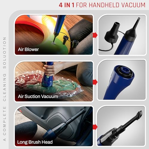 Image of DOMESTICA 4-in-1 Cordless Car Vacuum Cleaner | Portable Handheld Vacuum Cleaner for Car Use with Blower & Inflator | High Speed Power Suction | 9000 Pa Suction | HEPA Filter, Multiple Nozzles (Blue)