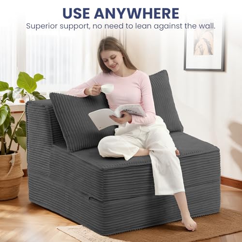 Image of Erament Folding Sofa Bed, 8 inch Convertible Sleeper Sofa Fold Out Chair Bed with Pillow, Portable Floor Couch Lounge Sofa for Living Room Bedroom Guest Room, Grey