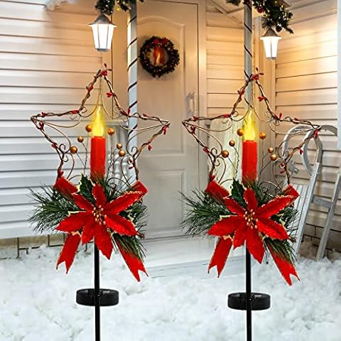 ALLADINBOX 2 Pack Solar Christmas Candle Lights with Poinsettia and Gold Berry Decorative Garden Stake Cover