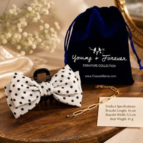 Image of Young & Forever Polka Dot Bow Hair Claw Clip for Women & Girls - Large Korean Style Fabric Bow Hair Clips for Thick Hair, Elegant French Design Hair Accessories for Party, Casual & Office Wear - White & Black