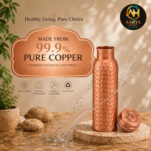 Image of Pure Hammered Copper Water Bottle (950ml) | BPA-Free | Leak Proof | 99.9% Pure Copper | Anti Oxidant Properties | Ayurveda Inspired | Drinking Bottle For Home, Office & Gym | PURE LIVING.