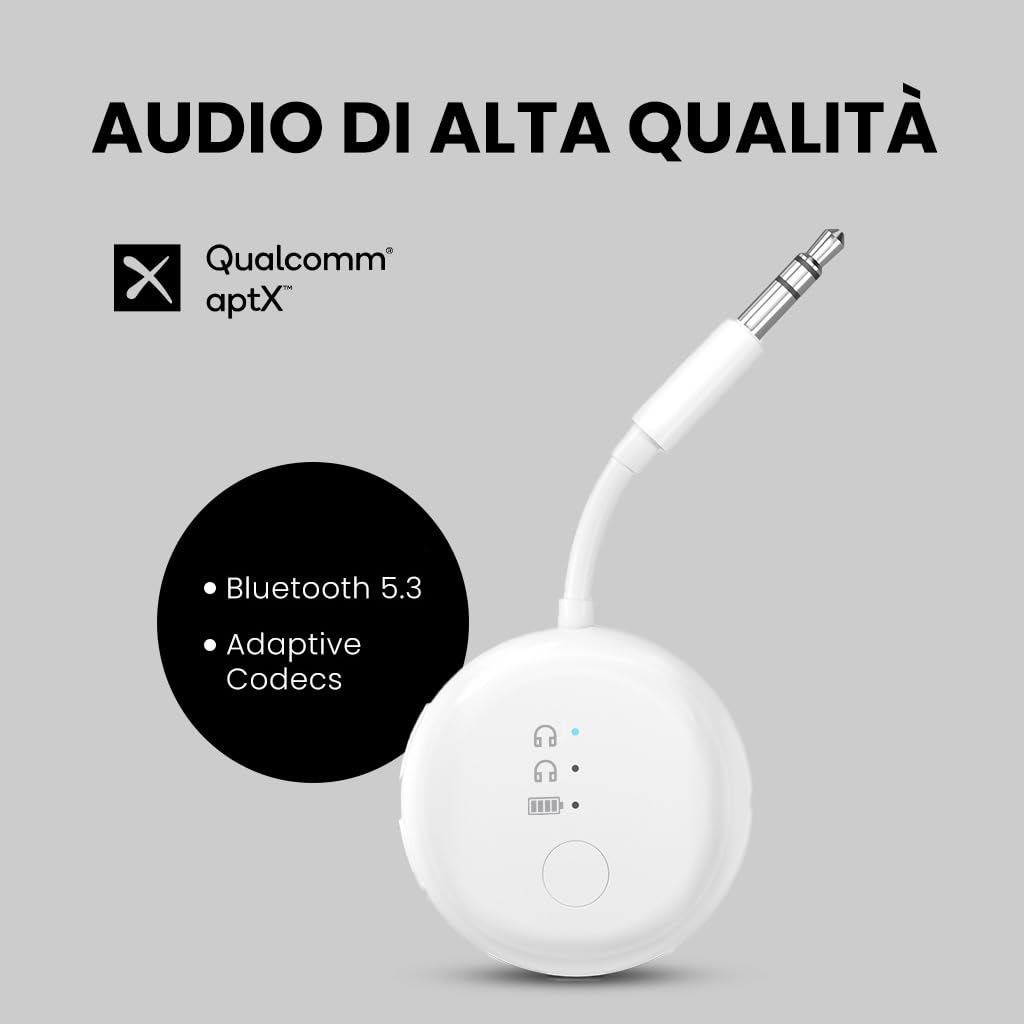 Avantree SoundJet R1 – Adattatore Bluetooth Aereo per Cuffie e AirPods, aptX Adaptive, Qualcomm Chipset, 20 ore di riproduzione, Trasmettitore Audio Wireless per Viaggi - Bianco