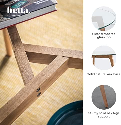 Betta Furniture Round Coffee Table - Tea Table with Clear Tempered Glass Top and Solid Oak Base in Natural Finish - Corner, Sofa, End Table for Living Room - 90 x 90 x 45cm