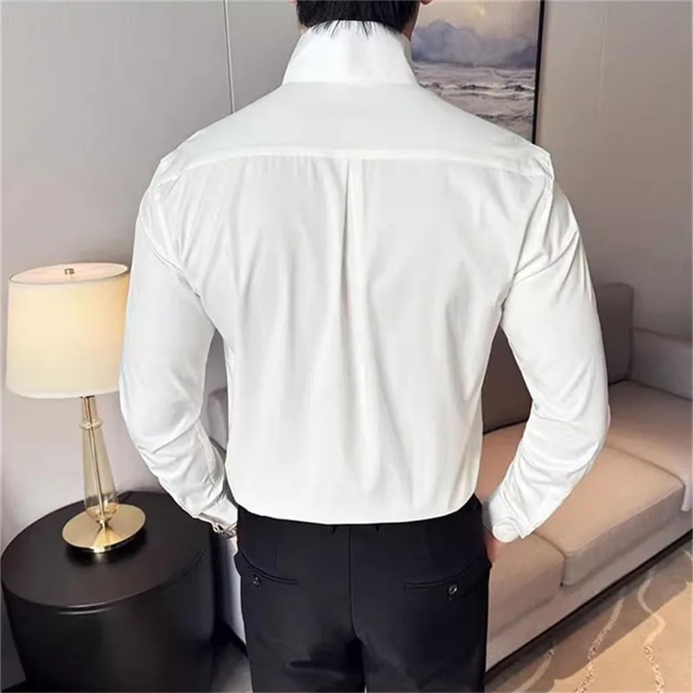 High Collar Shirts Men Solid Color Long Sleeve Business Casual Shirts Mens Slim Fit Stand Top