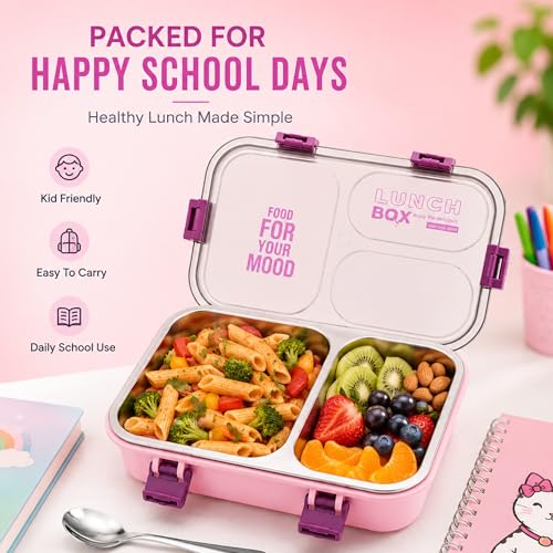 Image of Stainless Steel Lunch Box with 3 Compartments Leak Proof Airtight Lid BPA Free Food Storage Container Durable Portable Bento Tiffin for Kids, School Picnic (2 Compartment Pink)