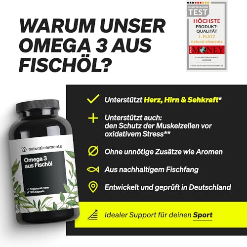 natural elements Omega 3 – 365 Kapseln – 2000mg Fischöl pro Tagesdosis – mit EPA und DHA in Triglycerid-Form – Laborgeprüft, aufwendig aufgereinigt und aus nachhaltigem Fischfang
