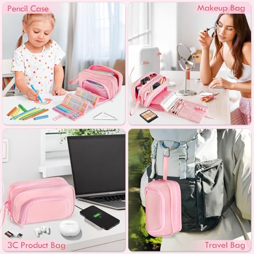 Image of Large Capacity Pencil Case with Pull-out Structure - Multifunctional Extra Big Pencil Pouch Pen bag, Portable Stationery Organizer with Zipper, College Office School Supplies for Girls, Pink