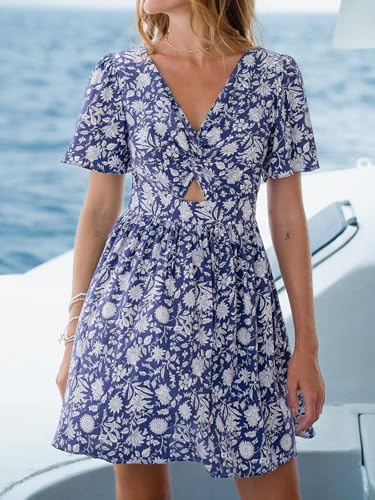 Image of CUPSHE Women's Summer Dresses Casual V Neck Short Sleeve Cutout Smocked Short Flowy Beach Mini Dress