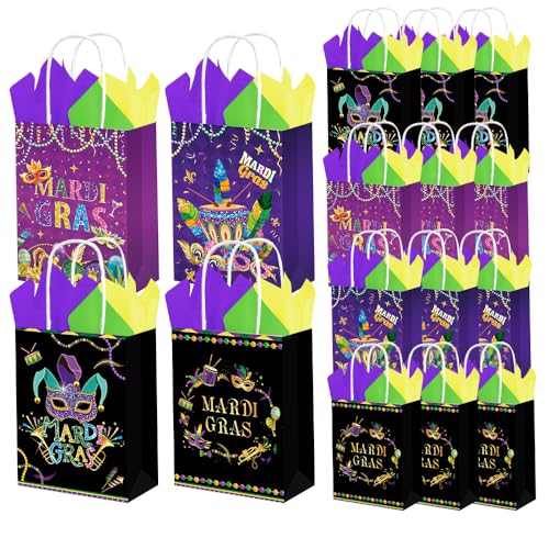 12 Pack Mardi Gras Gift Bags with Tissue Paper and Handle Treat Party Favors Goodie Candy Treat Bags for Mardi Gras Carnival Party Decorations Supplies
