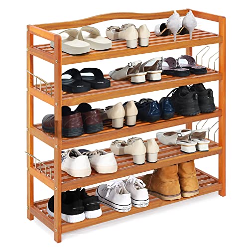 Giantex 5-Tier Shoe Rack, Acacia Wood Shoe Shelf with Side Metal Hooks, Holds up 12-18 Pairs, Wooden Shoe Storage Organizer for Entryway, 33’’Lx10.5’’Wx32.5’’H