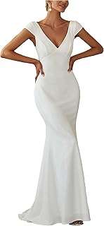 Women's Sleeveless V-Neck Open Back Lace Simple Mermaid Sweep Train Wedd...