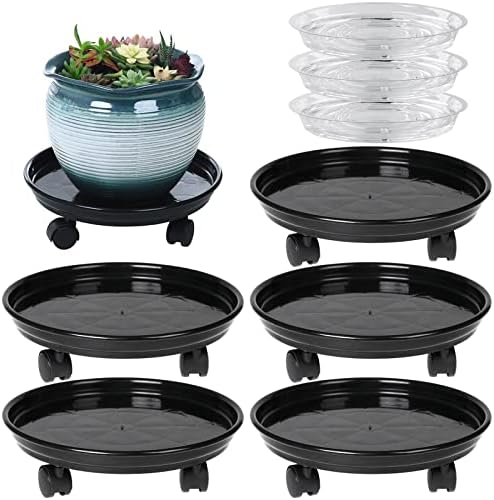 Circloophs 5 Packs Plastic Plant Caddy with Casters 12" Heavy-Duty Plant Dolly Rolling Plant Stand with Wheels for Moving Heavy and Large Plant Pot Saucers Plant Rollers Indoor and Outdoor, Black