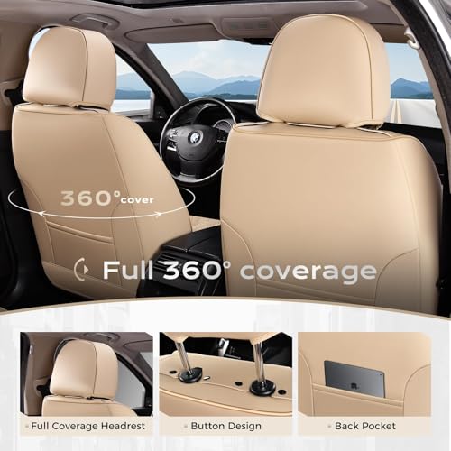 Image of Coverado Leather Seat Covers, Car Seat Cover Full Set, 5 Seats Beige Seat Covers, Automotive Seat Covers Waterproof Car Seat Cushion Protectors Universal Seat Cover Fit for Most Cars Trucks SUV