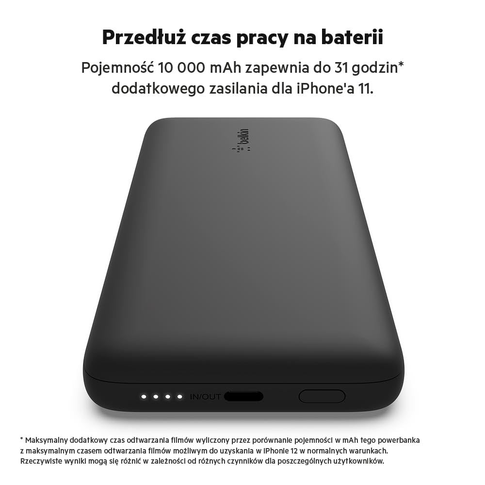 Belkin Przenośny powerbank i ładowarka BOOSTCHARGE Plus 10K (10 000 mAh ze zintegrowanymi kablami Lightning (MFI) i USB-C oraz dodatkowym portem ładowania USB-C) – czarny