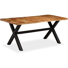 Solid Wood Dining Table for 6, 70.9 Inch Rustic Farmhouse Kitchen Industrial Acacia Wood Dining Room with Metal Legs, Black Brown Rectangular Table for Family Dinner and Entertaining