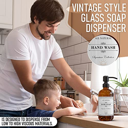 Image of Sunrise Premium 2 Pack Amber Glass Soap Dispenser 16 OZ with Matte Black Stainless Steel Pump, Hand and Dish Soap Dispenser Set for Bathroom and Kitchen Sink with 6 Waterproof Labels