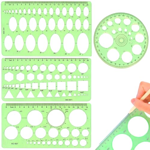 Plantillas Para Dibujar,Plantilla Circulos,Reglas Dibujo Tecnico,Plantilla Elipses Isometricas,para Medir Reglas Círculo Geométrico Plantillas de Dibujo 4pcs(Verde Transparente)