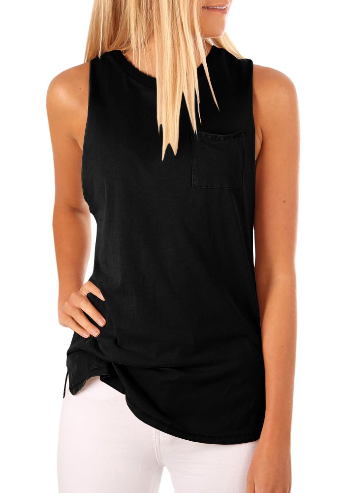 Women's High Neck Tank Top Sleeveless Blouse Plain T Shirts Pocket Cami Summer Tops