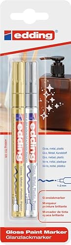 Miniatura 2 de edding 751 rotulador de pintura brillante, dorado, plateado, paquete de 2 marcadores de pintura, punta redonda de 0.039-0.079 in, bolígrafo de