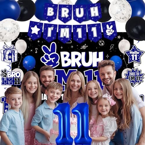 Image of 11th Birthday Decorations for Boys and Girls, Blue and Black Happy 11th Birthday Party Decorations, Bruh I'm 11 Backdrop, Foil Balloons 11, Banner, Balloons, Hanging Swirls, Birthday Card Set 41pcs