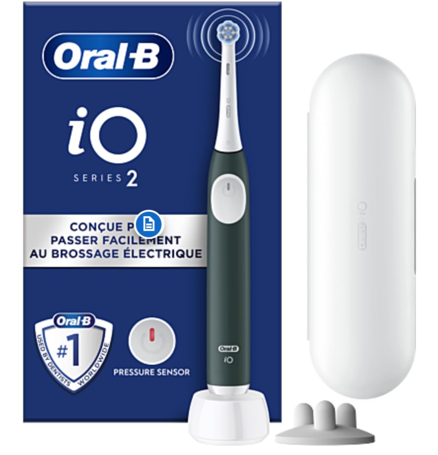 Oral-B iO Series 2 Brosse à dents électrique, 1 brosse, 3 modes de brossage pour les soins dentaires, technologie magnétique, étui de voyage, design par Braun, vert forêt