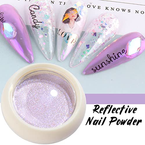 2 Boxes Pearl Chrome Nails Powder Mirror Effect Fairy Shell Nails Art Powder Holographic Aurora Iridescent Pearlescent Manicure Pigment Rainbow Nail Glitter With 6Pcs Eyeshadow Sticks Yellow/Purple #TOP1