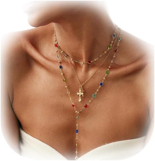 3Pcs Layered Colorful Crystal Necklace for Women,Metal Cross Pendant Clavicle Chain,Summer Neck Chain Jewelry,Wedding Bridal Rhinestone Body Chain
