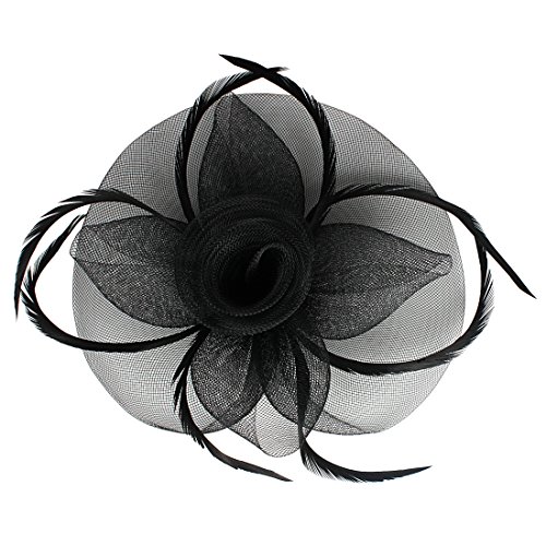 Andux Frauen Fascinator Hut Feder Partei Hut Flower Derby Hut MSTS-01 (Schwarz) Mehrweg Cover