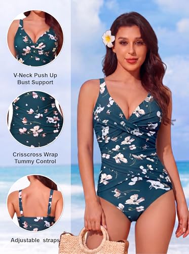 Image of Smismivo Tummy Control Swimsuits for Women Slimming One Piece Bathing Suit Retro Ruched Push Up Vintage Padded Swimwear