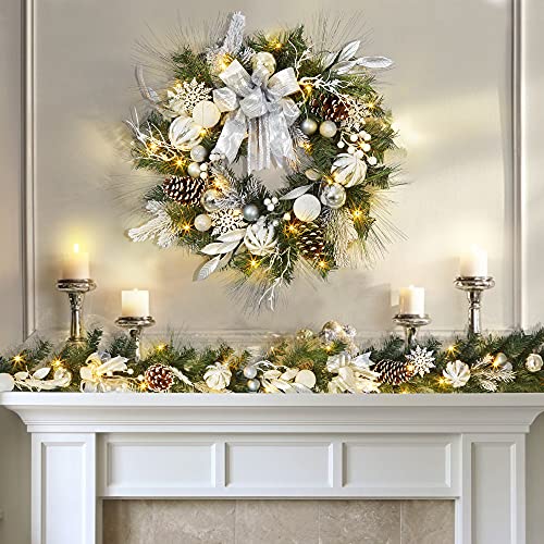 24 inch Lighted Christmas Wreath with LED Lights Indoor Outdoor Battery Operated Christmas Wreath Decoration Xmas Wreath for Fireplace Front Door Holiday Home Decor