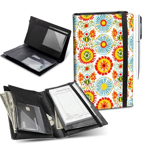 Server Book for Waitress,5.5x9 Inch - Waiter Book with Zipper Pocket,Pen Holder & Cash Compartments,Waterproof PU Leather Guest Check Organizer for Tips,Cards, Receipts,Colorful Polish Flower