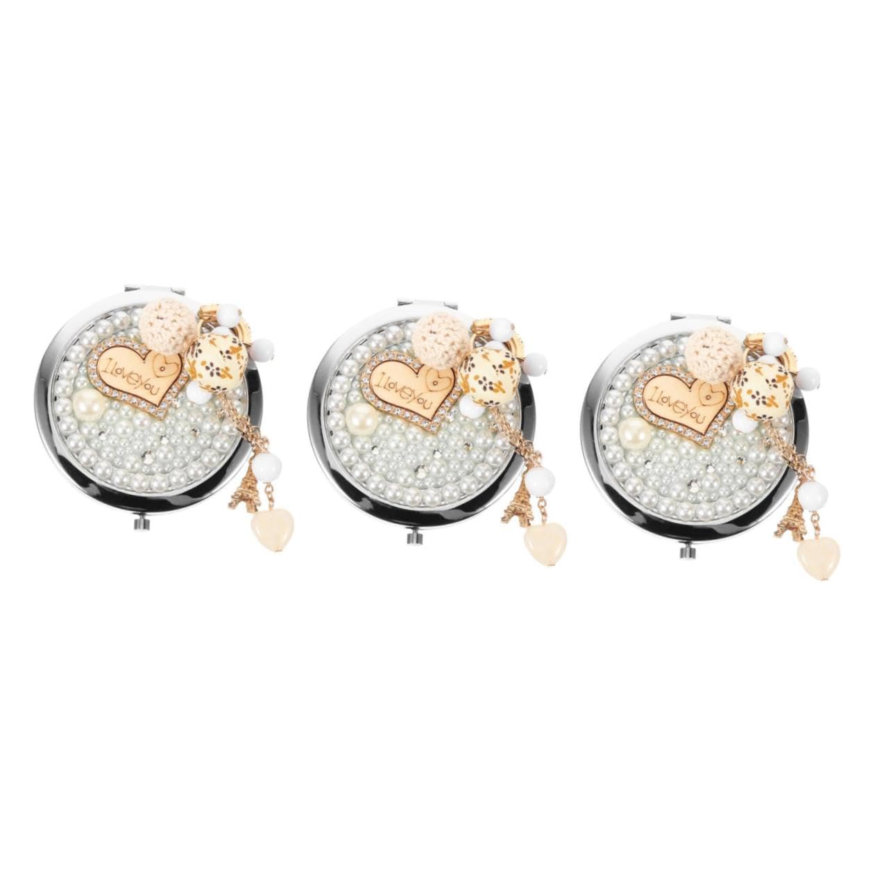 Miroir de maquillage portable compact Beaupretty lot de 3 avec miroir agrandi et pompon