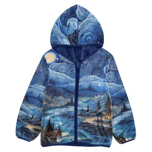 Boys Girls Fleece Jacket Village Moonlight Night Kids Warm Hooded Outwear Coat