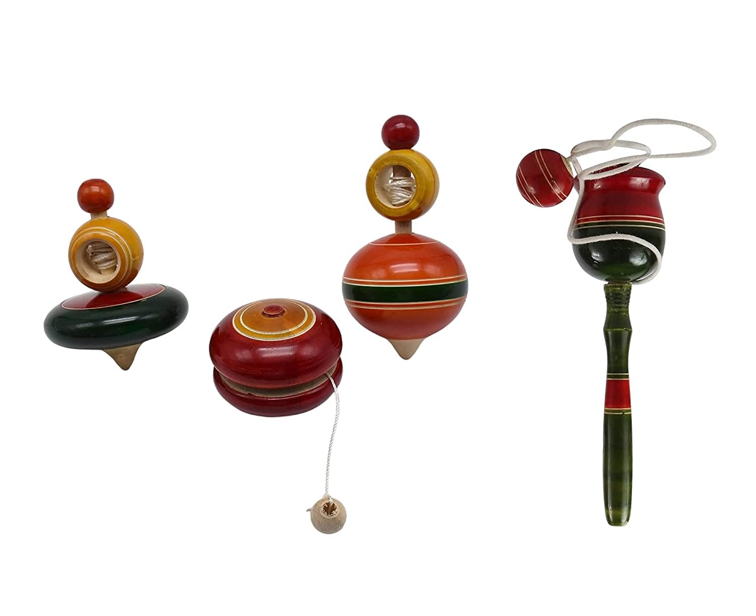 Channapatna Toys Wooden Spinning Tops & Xylophone Combo Toys for Kids, Boys, Girls 3+Years - Multi Color - Pack of 4pcs