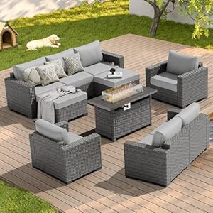 Patio Furniture Set with 44” Fire Pit Table, 7 Piece 60,000 BTU Comfortable Wicker Rattan Outdoor Furniture Set with Propane Fire Pit, Patio Conversation Set for Porch,Deck,Poolside,Grey