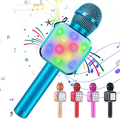 KIDWILL Micrófono de Karaoke Inalámbrico con Bluetooth para Niños y Adultos 5 en 1 Micrófono de Karaoke de Mano con Luces LED, Micrófono Portátil para Fiesta de Cumpleaños KTV Navidad (Azul) Cover