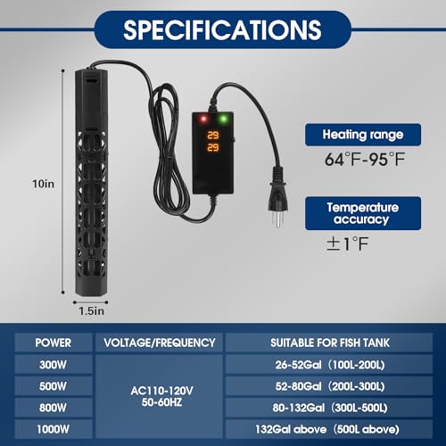 Image of 800w Aquarium Heater, Submersible Fish Tank Heater,Intelligent Frequency Conversion with Over-Temperature Protection and Automatic Power-Off When Leaving Water for