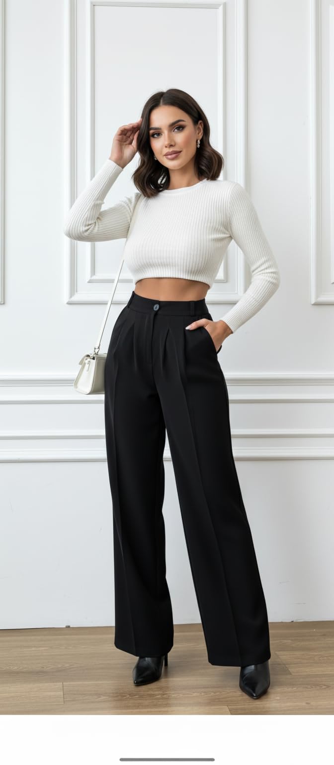 Women's High-Waisted Pant | Wide Leg Trousers | Korean Style Stretchable Trouser Jet Black