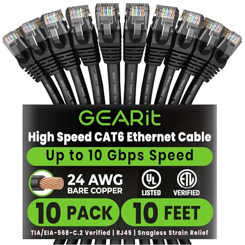 GEARit Cat 6 Ethernet Cable Pack – 10-Pack 10 ft Cat6...