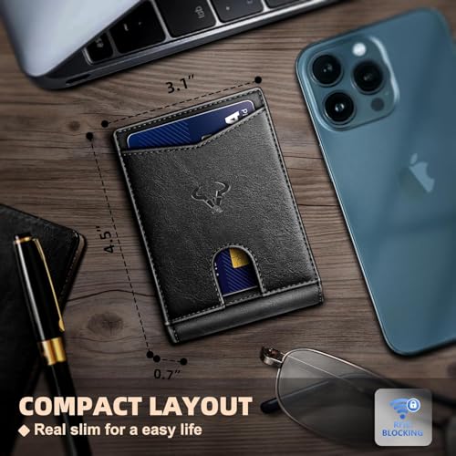 Image of Contacts Slim RFID Blocking Leather Wallet for Men - Minimalist Bifold Card Holder with 11 Slots, ID Window & Cash Pocket - Front Pocket Wallet Gift for Daily Use & Travel (Black)